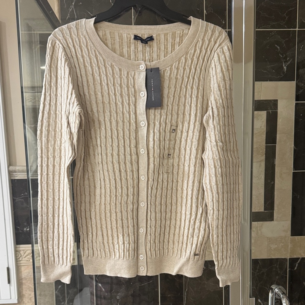 Tommy Hilfiger Cream Cable-Knit Button Front Cardigan